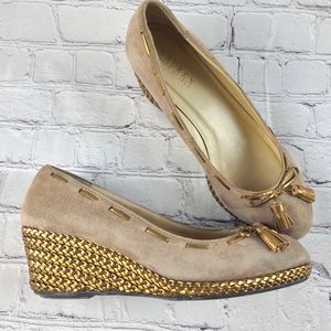 Lauren Ralph Lauren Espadrille Suede Tassel Wedges Shoes Tan Gold Wm's 10 Preppy